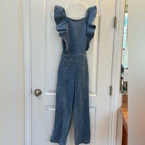 Sugar lips Sugar Lips Sharon Ruffled Denim Jumpsuit Size Small open back.